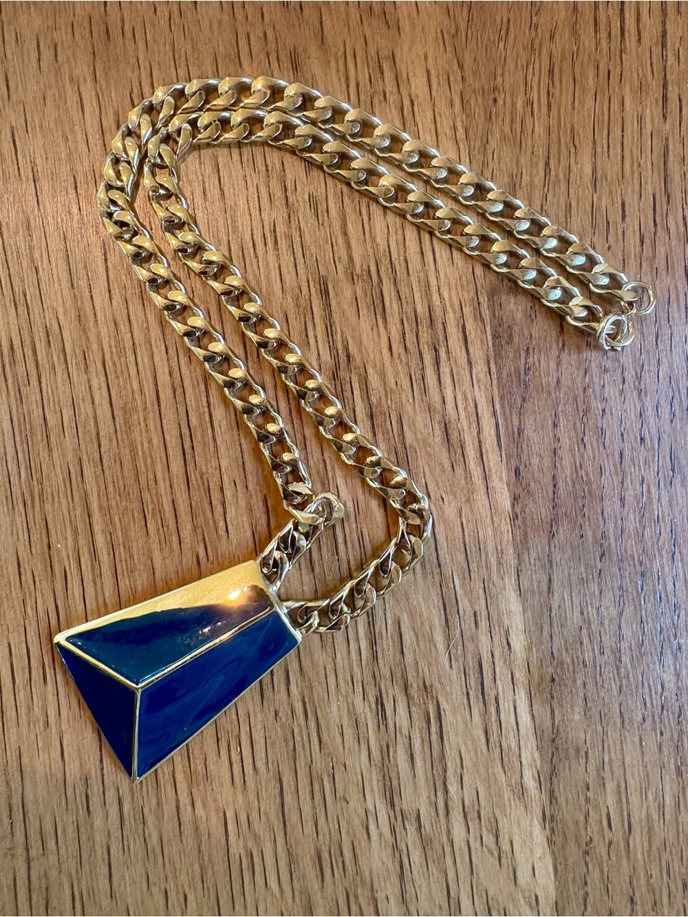 Vintage Trifari Pendant Necklace Blue Enamel Art Deco Geometric Curb Chain 20”